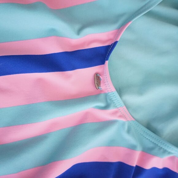 ENVYA Swimwear Pink Teal Stripe One Piece High-Leg Low Scoop Back Swimsuit M - Picture 10 of 12